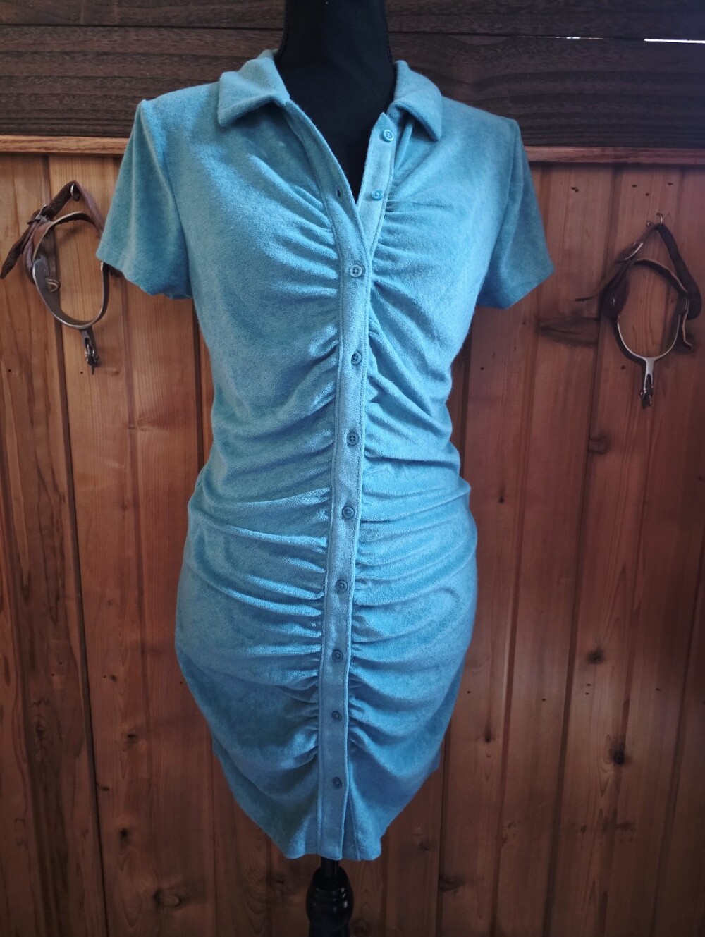 SO Teal Ruched Button-Front Polo Mini Dress